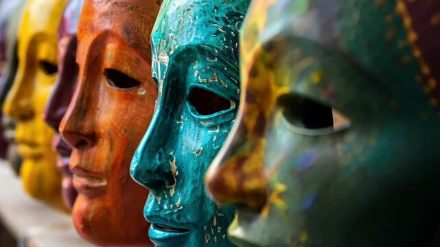 Row of intricately carved wooden masks, each painted in vibrant hues, showcases the artistry and symbolism of different cultures, exploring themes of identity, tradition, and human expression