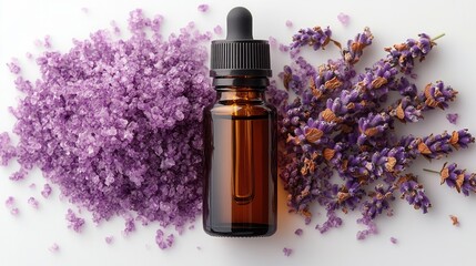 A bottle of lavender essential oil surrounded by purple salt and lavender flowers.