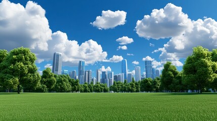 Obraz premium A vibrant city skyline rises against a backdrop of blue skies and fluffy clouds, framed by lush green grass and trees, illustrating harmony between nature and urban life.
