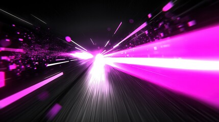 A vibrant pink and white light streaks across a dark space creating a tunnel effect with motion blur and digital particles.