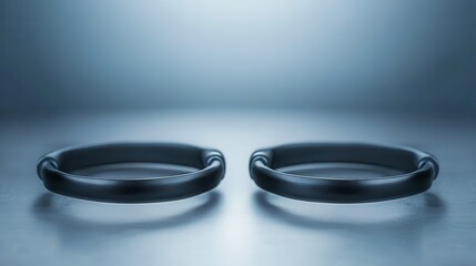 Two elegant black rings are displayed side by side on a smooth, illuminated surface, creating a minimalist and modern aesthetic.