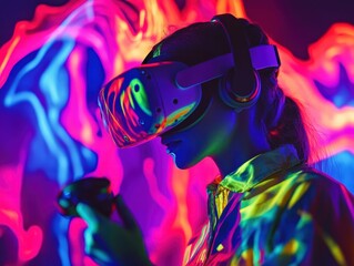 Obraz premium Futuristic Woman Engaged in Virtual Reality with Vibrant Background