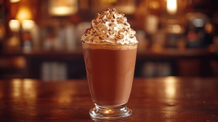 Iced chocolate drink with whipped cream and chocolate shavings in a glass on a wooden counter.