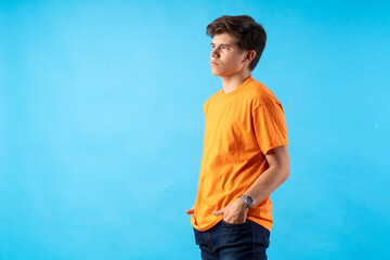 Young person expressing various emotions and body pains, pointing, using a cellphone, with colored...