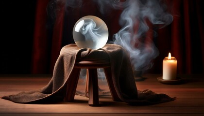 Mystic glass ball on a wooden stand with smoke, creating an eerie atmosphere.