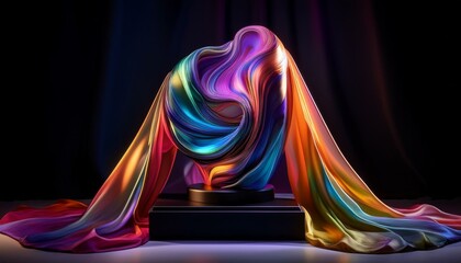 Vibrant abstract sculpture unveiled by a colorful, flowing cloth.