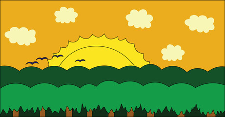sunset in tropical dense green forest with flying birds and clouds in the sky