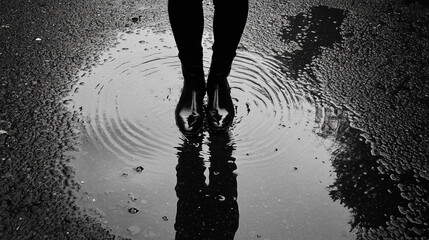puddle on pavement, reflecting raindrops and rippling water. The scene evokes chaos, with ripples symbolizing disruption, uncertainty, and fleeting moments of clarity