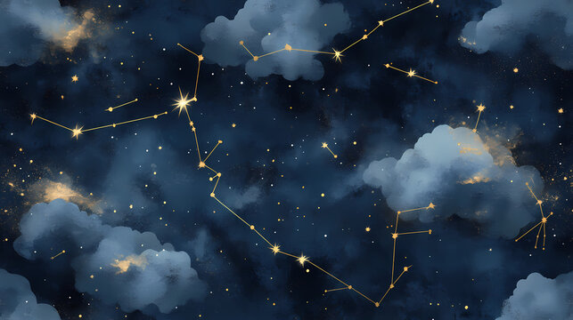 Seamless night sky pattern with gold foil constellations and stars, soft watercolor clouds in rich midnight hues, creating a dreamy celestial look. Constellation. Illustration