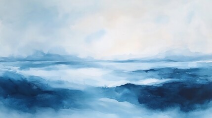 Obraz premium Serene abstract landscape painting in shades of blue, depicting misty mountains and a calm sea.