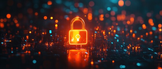Cyber security and information protection concept. Glowing padlock on dark digital background