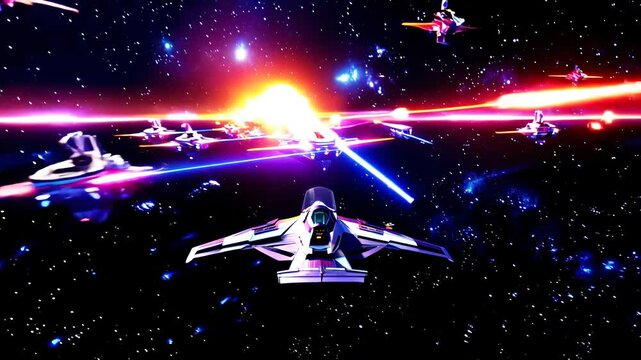 spaceship it flies through tunnels and takes off into outer space, digital art stile, gaming, Space wars, aliens, neon