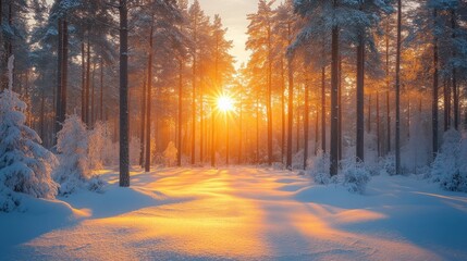 Sun setting through snowy pine forest.