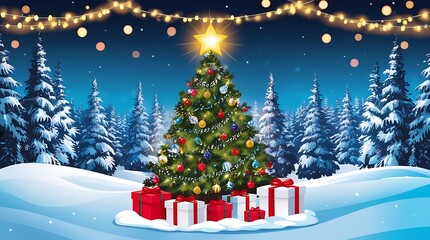 Naklejka premium Christmas Tree On Snow At Night With Shiny Star And Gift Boxes In Winter Forest - Winter Abstract Landscape