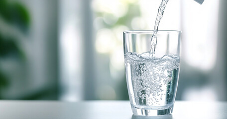 Pouring Clear Water into a Glass on a White Table