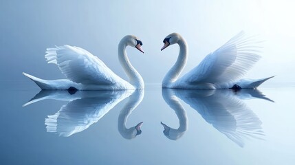 Two elegant white swans forming a heart shape on calm water, reflected perfectly.