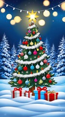 Obraz premium Christmas Tree On Snow At Night With Shiny Star And Gift Boxes In Winter Forest - Winter Abstract Landscape