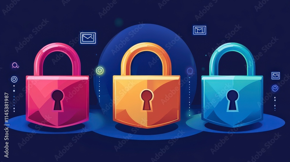 Poster three vibrant padlocks symbolize digital security and data protection. the colorful locks represent 