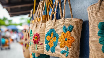 Colorful handmade jute baskets and straw bags at local market