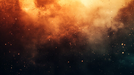 Elegant golden dust floating through the darkness of space with various small particles, Dramatic Orange and brown Dust Cloud with randomized floating particles, Golden Sand Explosion on Dark texture.