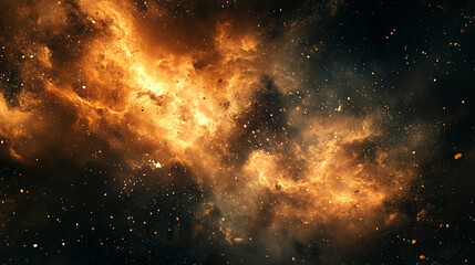 Elegant golden dust floating through the darkness of space with various small particles, Dramatic Orange and brown Dust Cloud with randomized floating particles, Golden Sand Explosion on Dark texture.