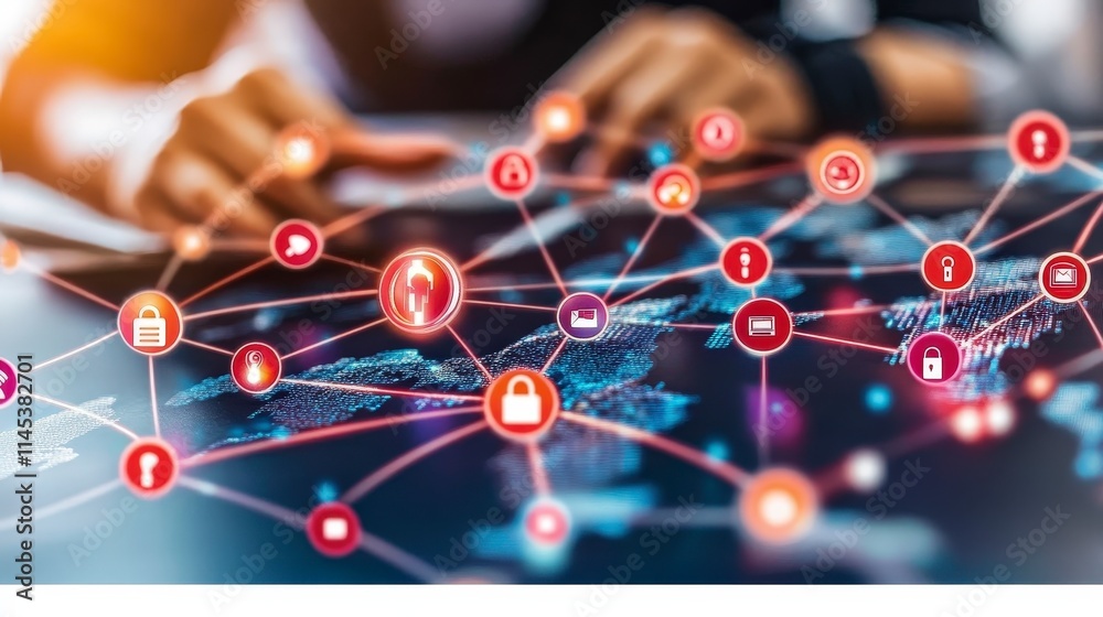 Poster abstract image of interconnected digital icons representing global network security data privacy and