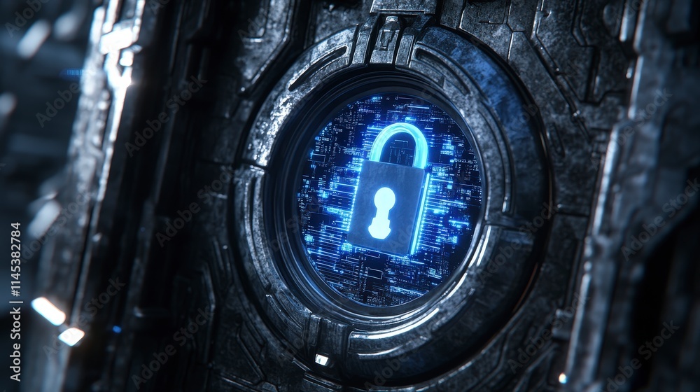 Poster a futuristic metallic structure with a circular window displaying a glowing blue padlock icon over c