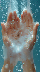 Fototapeta premium Illustration of hand washing, face washing with soap or white foam with a little bubble.