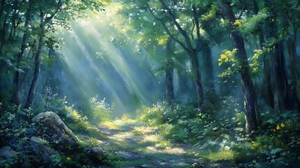 Obraz premium Sunlight gently streams through the dense canopy of green forest leaves, casting soft, dappled shadows on the forest floor, creating a tranquil and serene atmosphere 