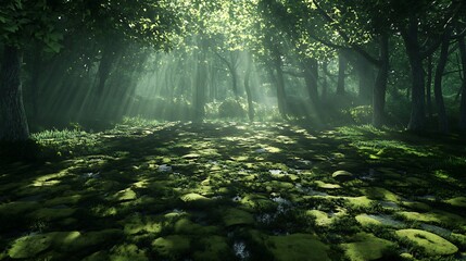 Obraz premium The sun's rays break through the vibrant green leaves of a forest, casting intricate patterns on the moss-covered ground as morning light fills the space 