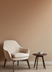 A cozy armchair with a side table and a cup of coffee in front of a beige wall