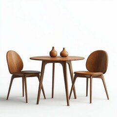 A modern wooden table with two matching chairs and decorative vases, set against a clean, minimalistic background.