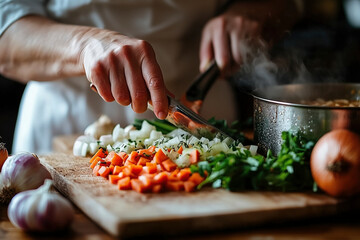 Culinary Art: Chef's Hands Orchestrating a Symphony of Fresh Vegetables on a Rustic Cutting Board