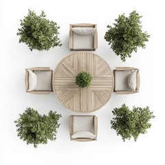 A stylish outdoor dining setup featuring a round wooden table surrounded by six cushioned chairs and decorative greenery.