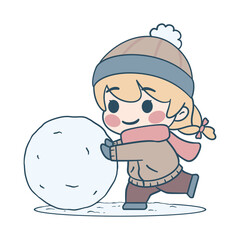 Cute little girl playing with snow and pushing snowballs. Christmas and winter cartoon illustration, perfect for stickers, greeting cards, merchandise, etc.
