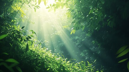Obraz premium Warm morning sunlight filters through the dense green foliage, illuminating the forest with a soft, glowing light that highlights the intricate details of the leaves 