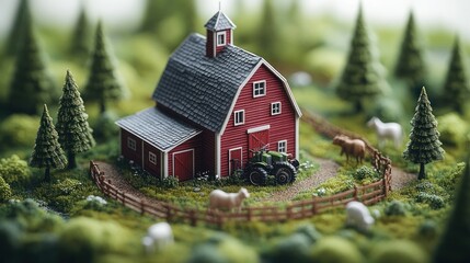 Miniature red barn, tractor, sheep, and trees on a green landscape.