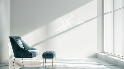 A blue velvet armchair and ottoman sit in a bright. minimalist room with large windows and marble flooring