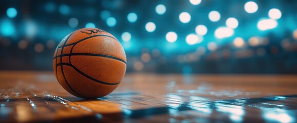 Basketball on a Polished Wooden Court Under Blue Lights