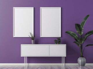 Two blank frames on a purple wall with a white dresser and plants