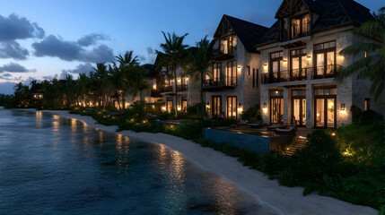 Obraz premium The exterior of a stunning modern, minimalist cubic villa surrounded by palm trees and featuring a large swimming pool. 