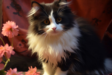 cute black and white fluffy cat and flowers 