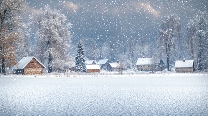 Snowy winter landscape with overcast sky tranquil village scene serene environment horizontal view nature concept