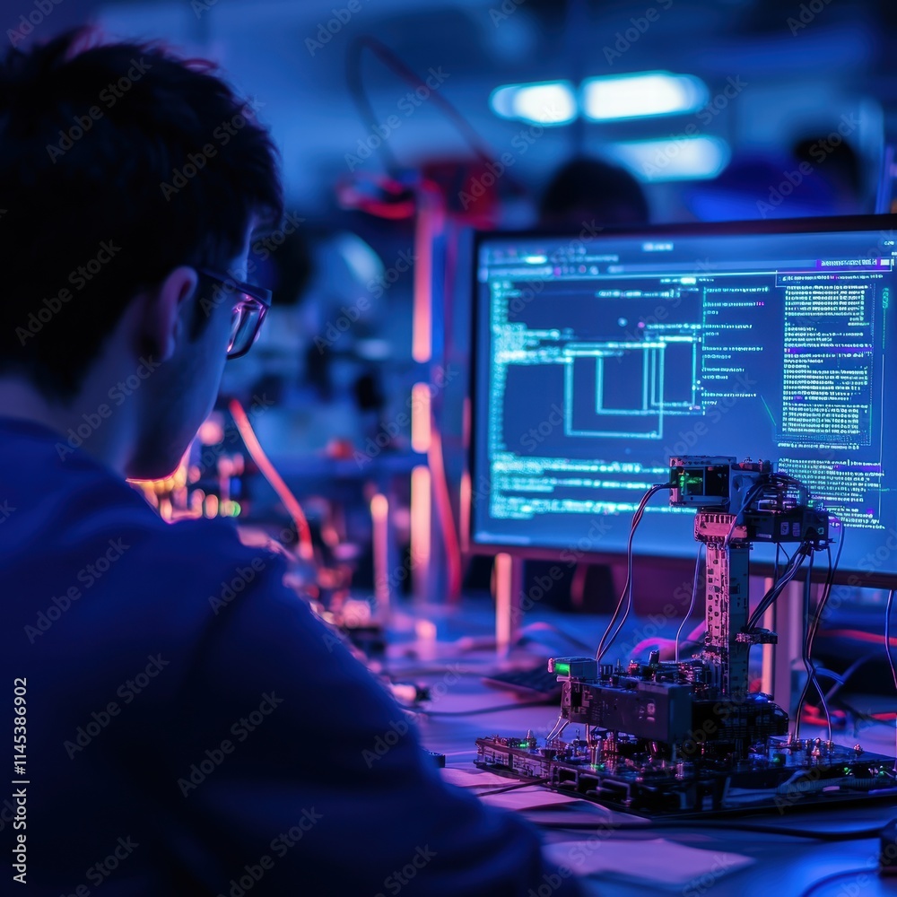 Poster focused programmer working on innovative technology in lab environment