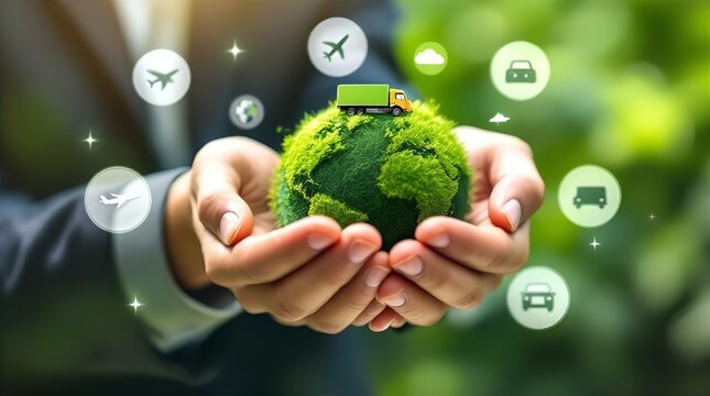 A businessperson's hands gently hold a 3D model of the Earth, covered in green vegetation, representing environmental sustainability and responsible transportation