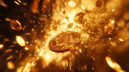Golden Coins Exploding in a Fiery Burst of Light