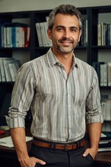 blazer business casual,businessmen with Rolled-up sleeves over a striped shirt and dark trousers at office


