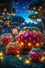  magical strawberry garden glowing under a twilight sky, with oversized strawberries the size of pumpkins, sparkling with golden fairy dust