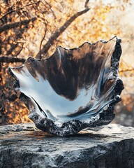 Obraz premium Elegant polished obsidian shard displayed on a rock amidst autumnal forest landscape high-resolution