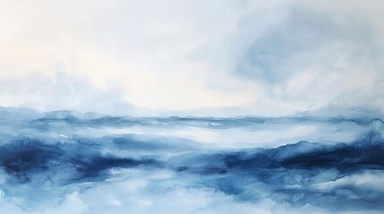 Abstract blue watercolor landscape painting of hills and sky.